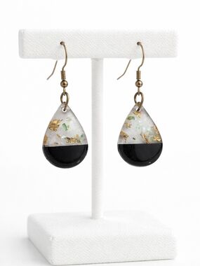 Gold Leaf & Black Teardrop Dangle Earrings - Women Jewelry